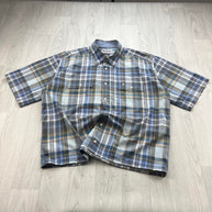 VINTAGE 00s BARBOUR CHECKERED CROPPED SHORT SLEEVE BUTTON UP SHIRT BLUE