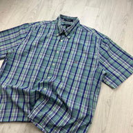 VINTAGE 00s GANT CHECKERED CROPPED SHORT SLEEVE BUTTON UP SHIRT GREEN / BLUE