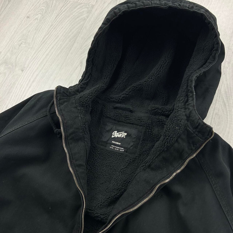 PULL & BEAR HOODED WORKWEAR BOMBER JACKET BLACK