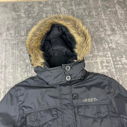 VINTAGE 00s ROXY FUR HOOD UTILITY BOMBER JACKET BLACK