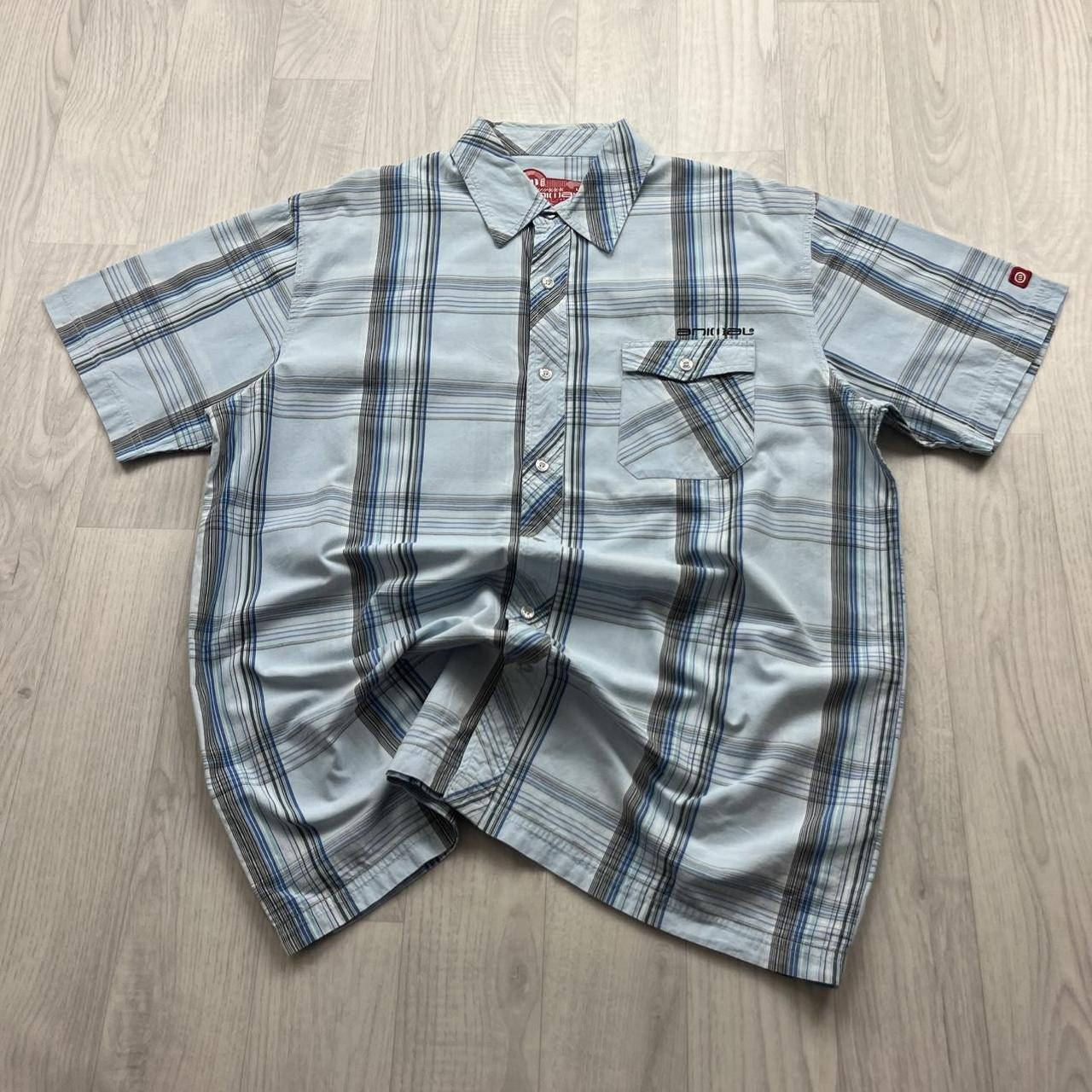 VINTAGE Y2K ANIMAL CHECKERED SHORT SLEEVE SHIRT BLUE