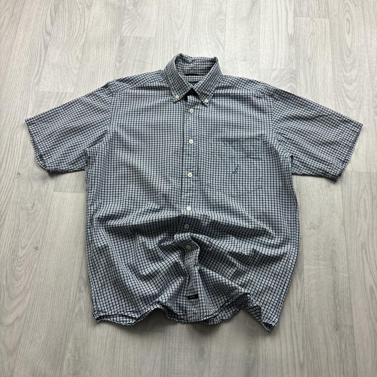 VINTAGE Y2K NAUTICA CHECKERED SHORT SLEEVE BUTTON UP SHIRT NAVY BLUE
