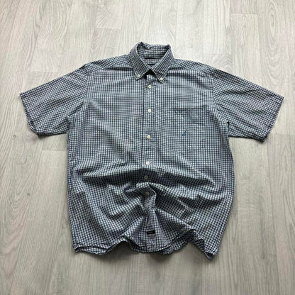 VINTAGE Y2K NAUTICA CHECKERED SHORT SLEEVE BUTTON UP SHIRT NAVY BLUE