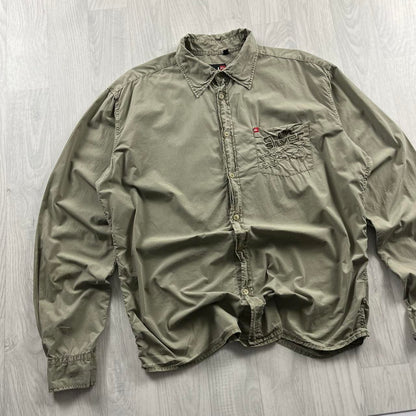 VINTAGE 00s QUIKSILVER LONG SLEEVE UTILITY SURF SHIRT BEIGE/KHAKI