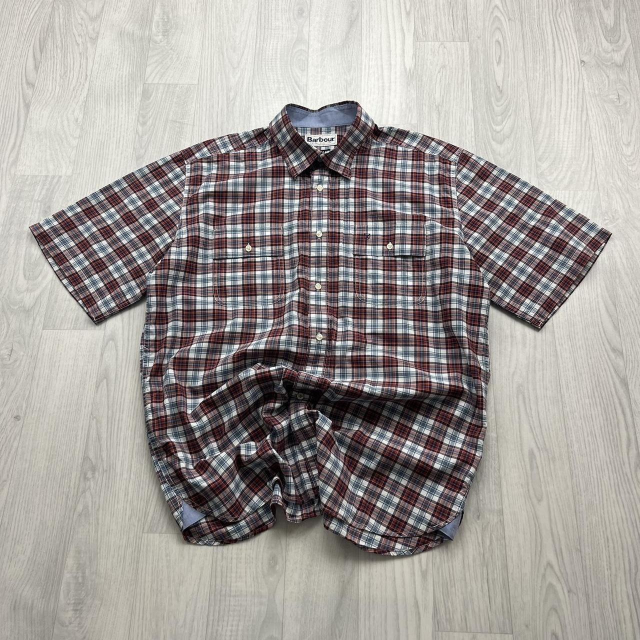 BARBOUR CHECKERED SHORT SLEEVE BUTTON UP SHIRT BURGUNDY / BLUE