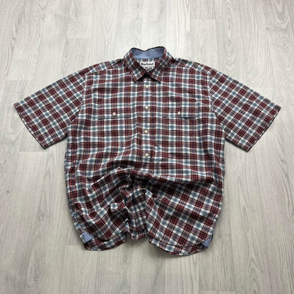 BARBOUR CHECKERED SHORT SLEEVE BUTTON UP SHIRT BURGUNDY / BLUE