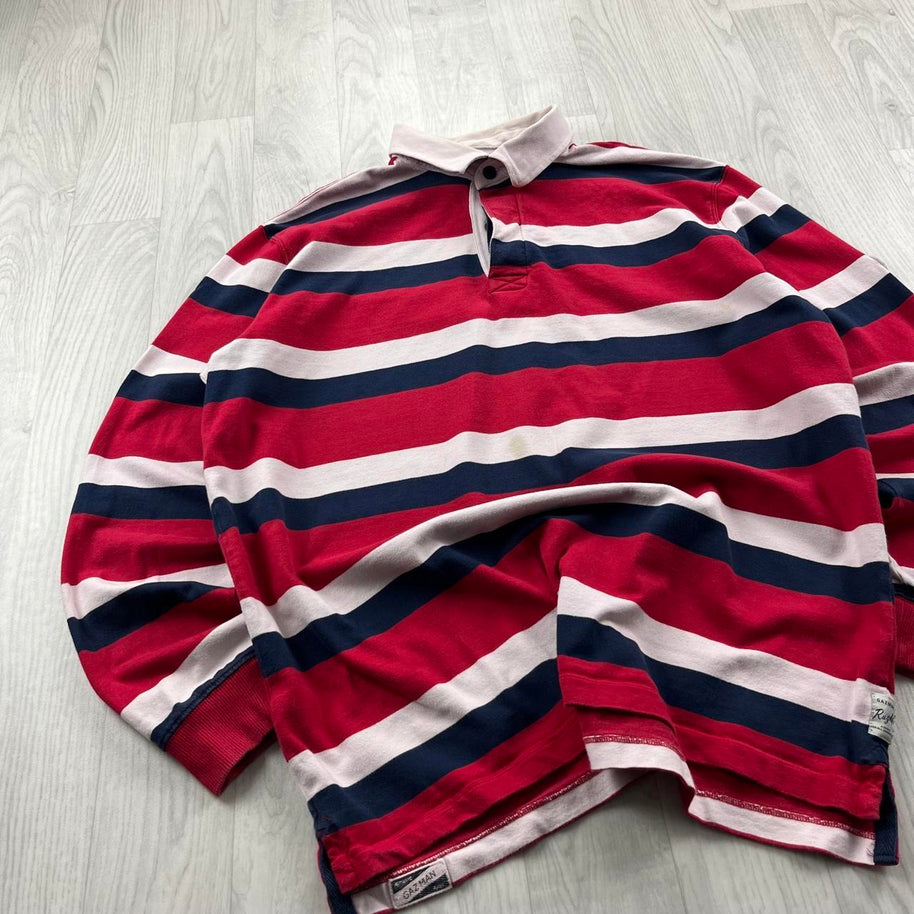 VINTAGE Y2K GAZMAN STRIPED LONG SLEEVE RUGBY POLO SHIRT RED