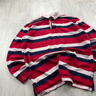 VINTAGE Y2K GAZMAN STRIPED LONG SLEEVE RUGBY POLO SHIRT RED