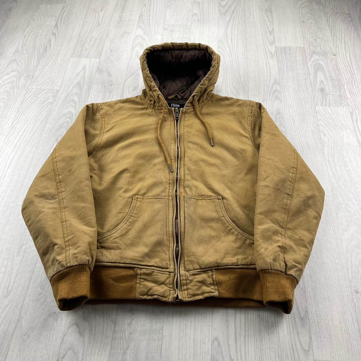 VINTAGE Y2K FISHBONE HOODED WORKWEAR BOMBER JACKET BEIGE
