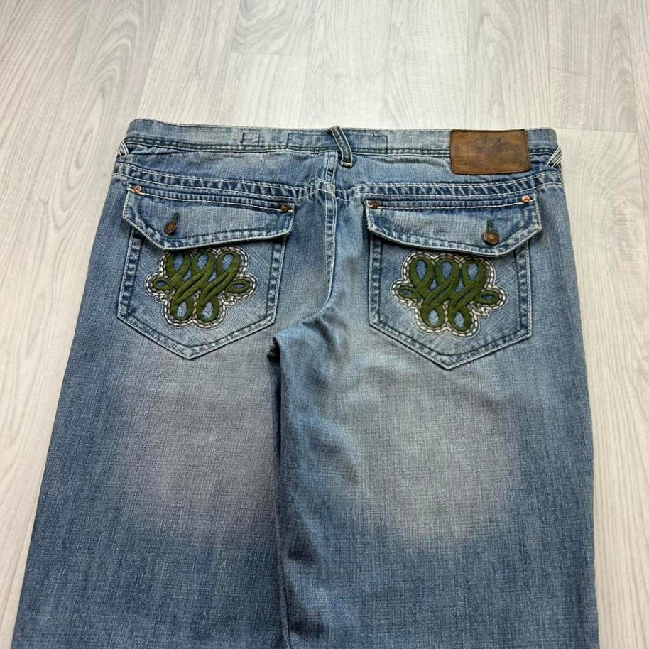 VINTAGE Y2K AKOO BAGGY EMBROIDERED JEANS BLUE