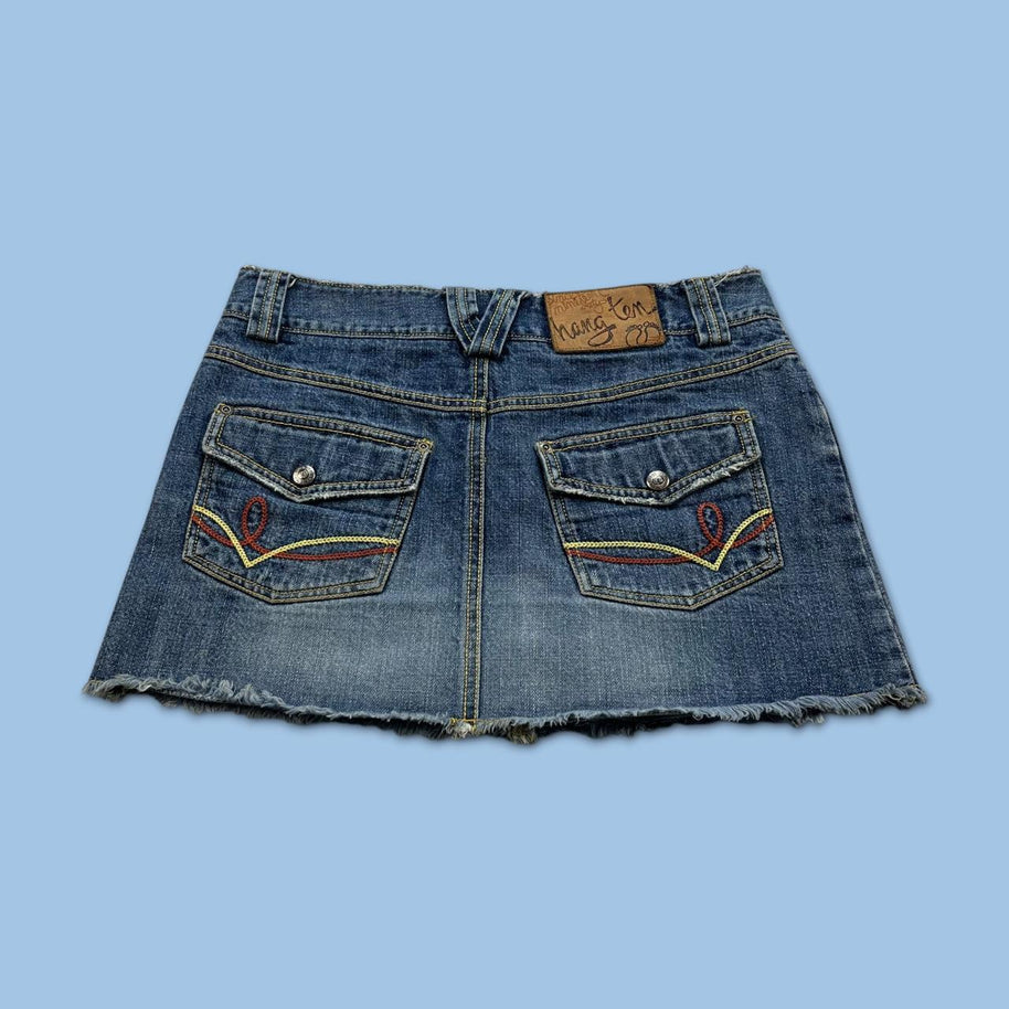 VINTAGE Y2K HANG TEN DENIM EMBROIDERED MINI SKIRT BLUE