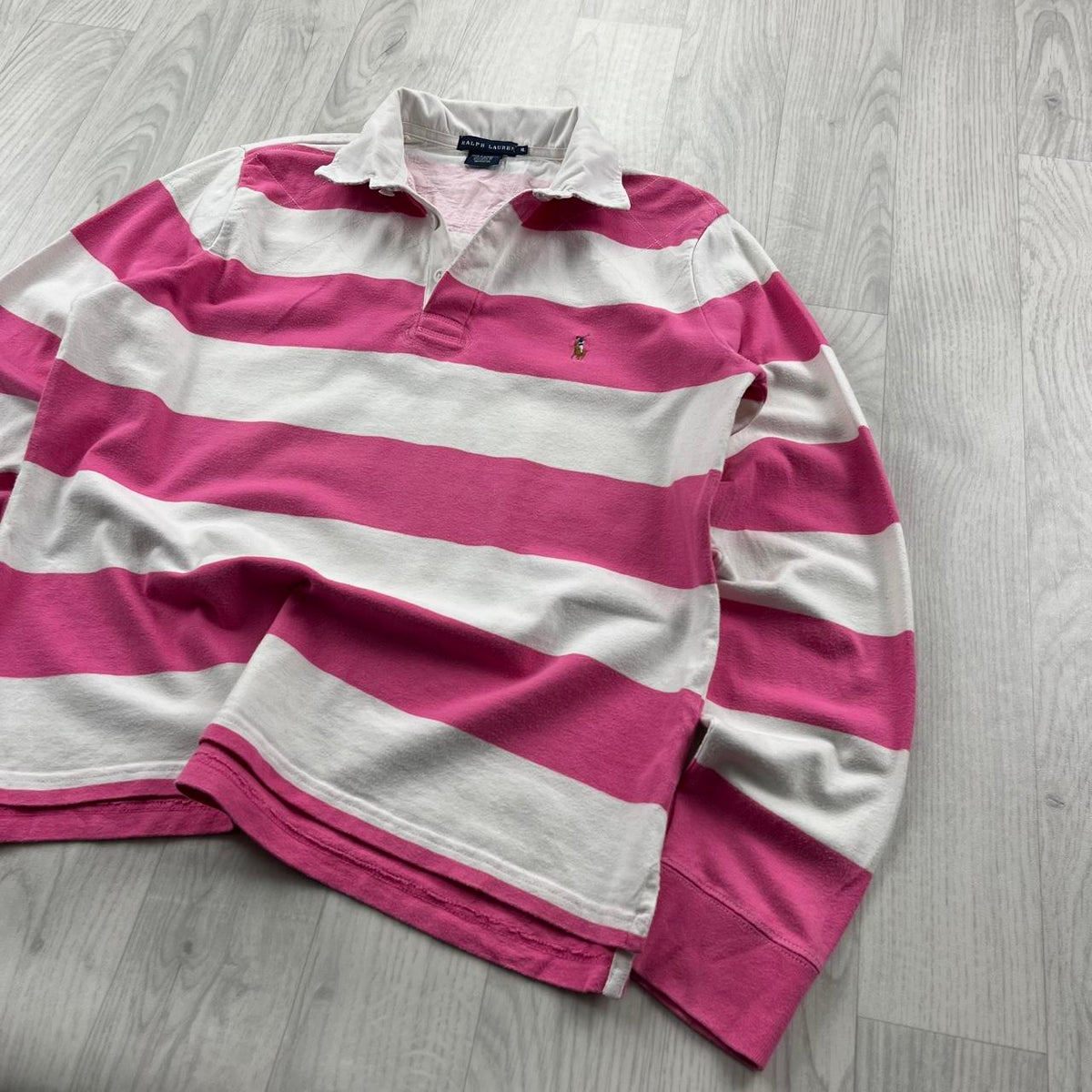 VINTAGE Y2K RALPH LAUREN STRIPED LONG SLEEVE RUGBY POLO SHIRT PINK WHITE
