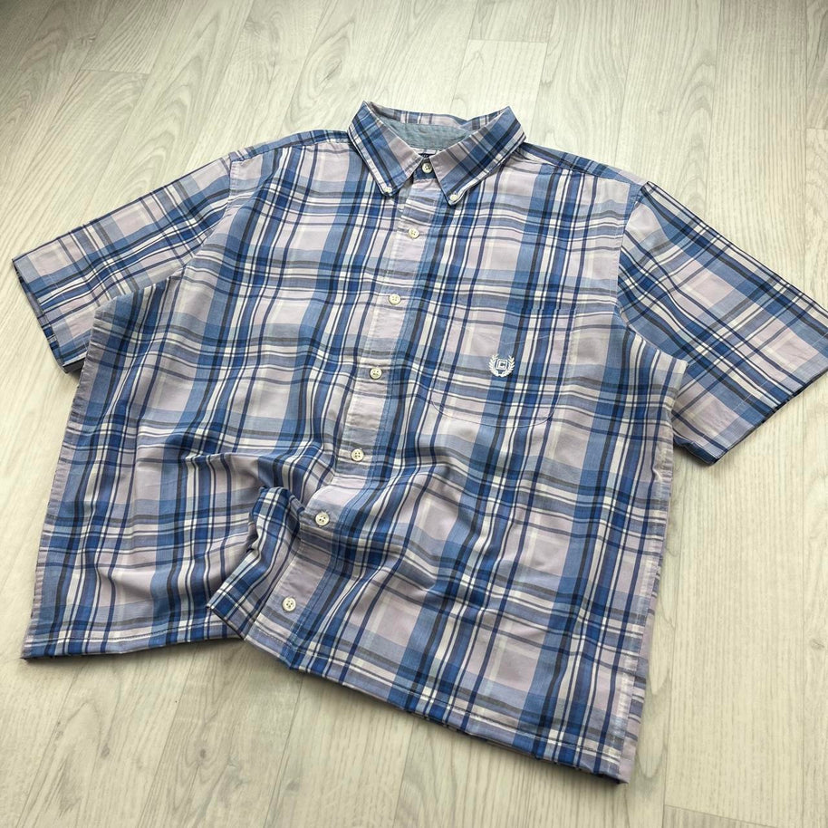VINTAGE 00s CHAPS CHECKERED CROPPED SHORT SLEEVE BUTTON UP SHIRT BLUE