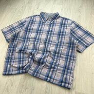 VINTAGE 00s CHAPS CHECKERED CROPPED SHORT SLEEVE BUTTON UP SHIRT BLUE