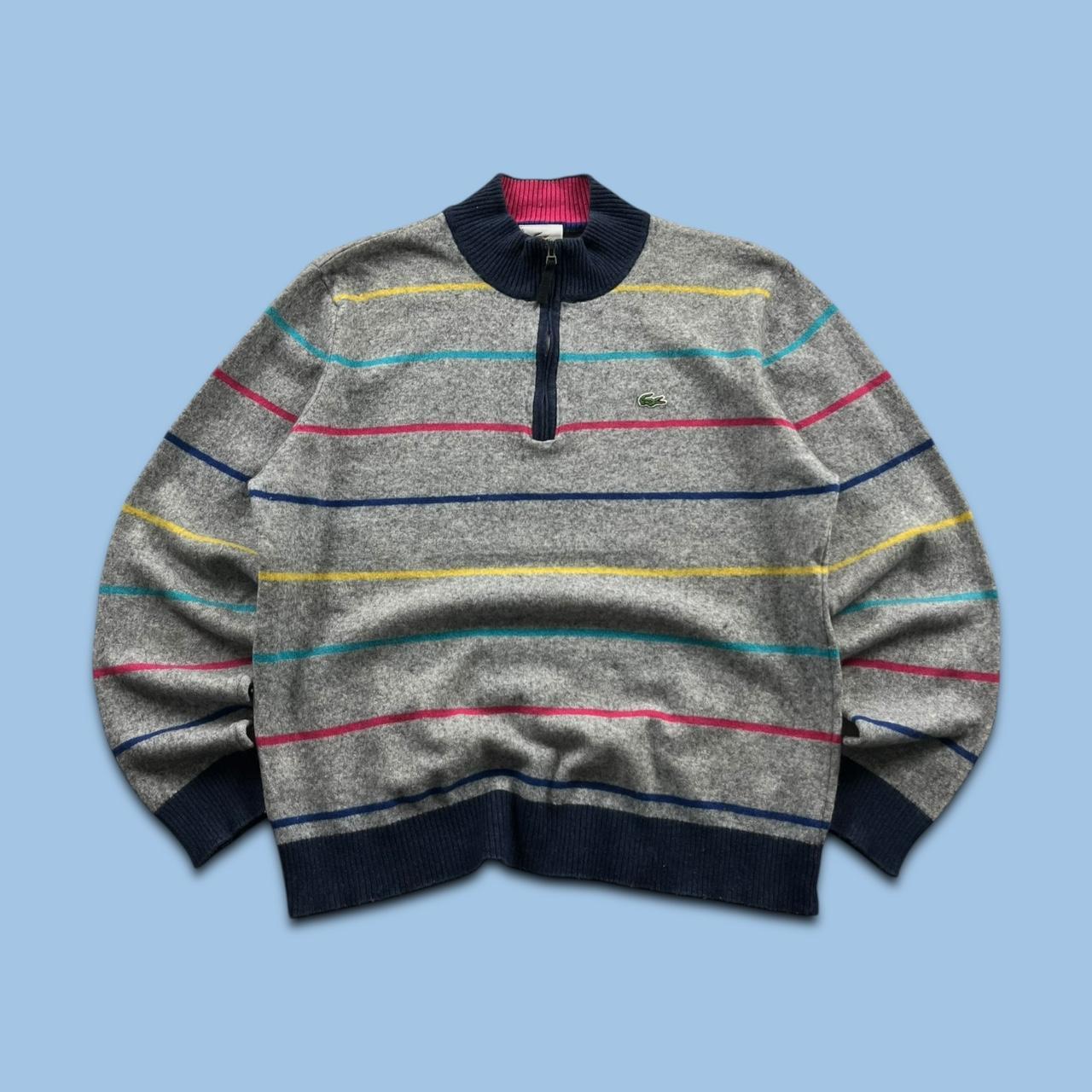 VINTAGE Y2K LACOSTE QUARTER ZIP STRIPED KNITTED JUMPER GREY