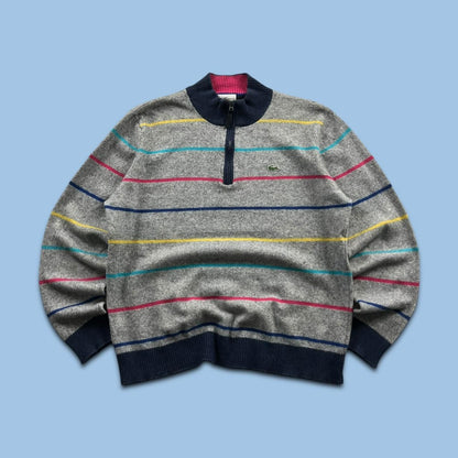 VINTAGE Y2K LACOSTE QUARTER ZIP STRIPED KNITTED JUMPER GREY