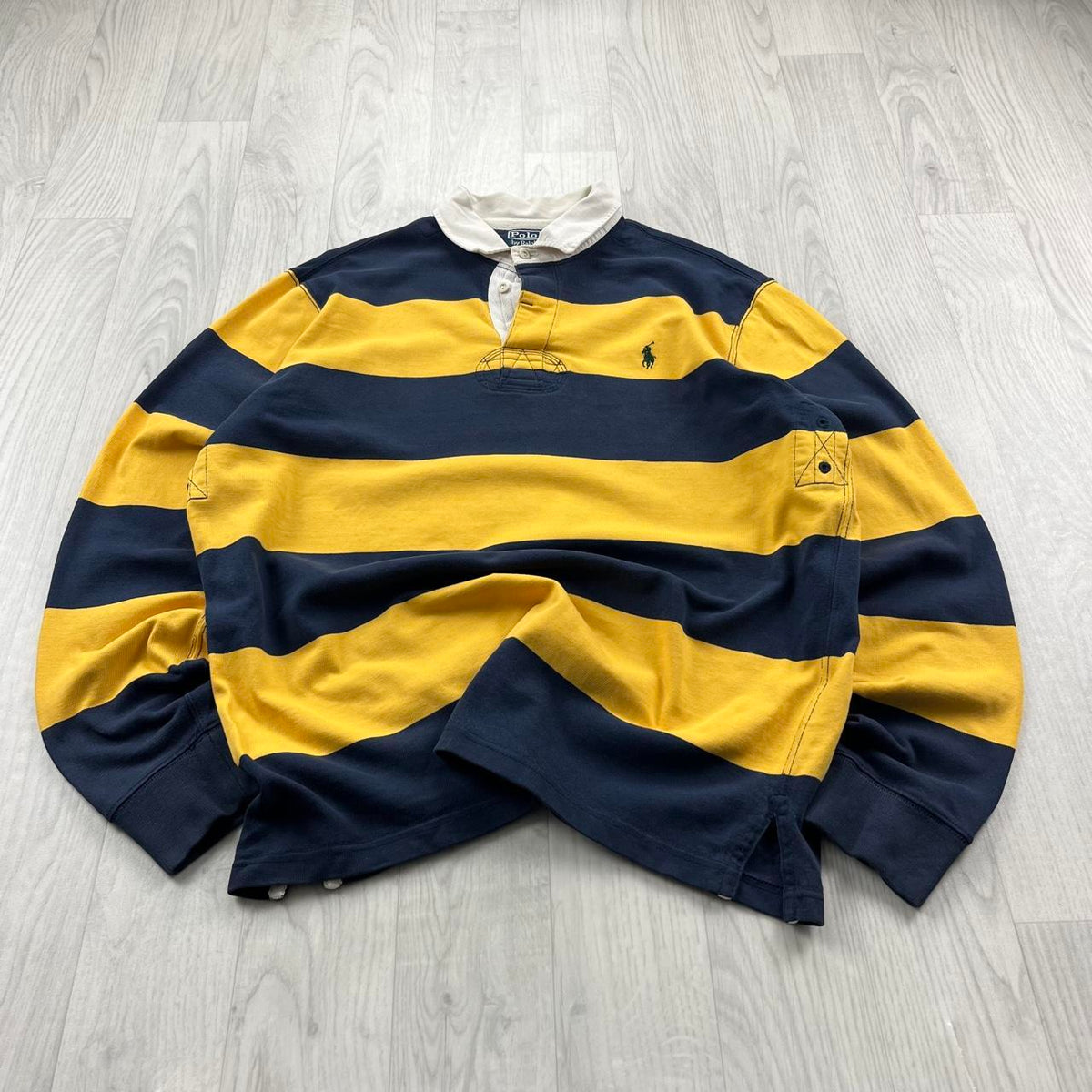 VINTAGE Y2K RALPH LAUREN STRIPED LONG SLEEVE RUGBY POLO SHIRT YELLOW / NAVY