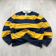 VINTAGE Y2K RALPH LAUREN STRIPED LONG SLEEVE RUGBY POLO SHIRT YELLOW / NAVY