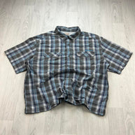 VINTAGE 00s COLUMBIA GINGHAM CROPPED SHORT SLEEVE BUTTON UP SHIRT BLUE / GREY