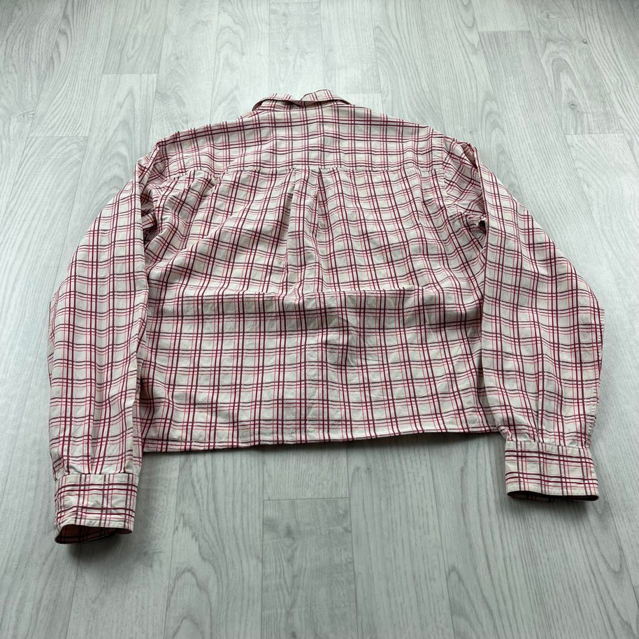 VINTAGE 00s BURBERRY CHECKERED CROPPED LONG SLEEVE BUTTON UP SHIRT WHITE RED
