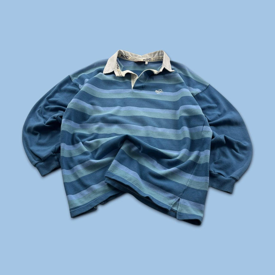 VINTAGE Y2K ROC STRIPED LONG SLEEVE RUGBY POLO SHIRT BLUE
