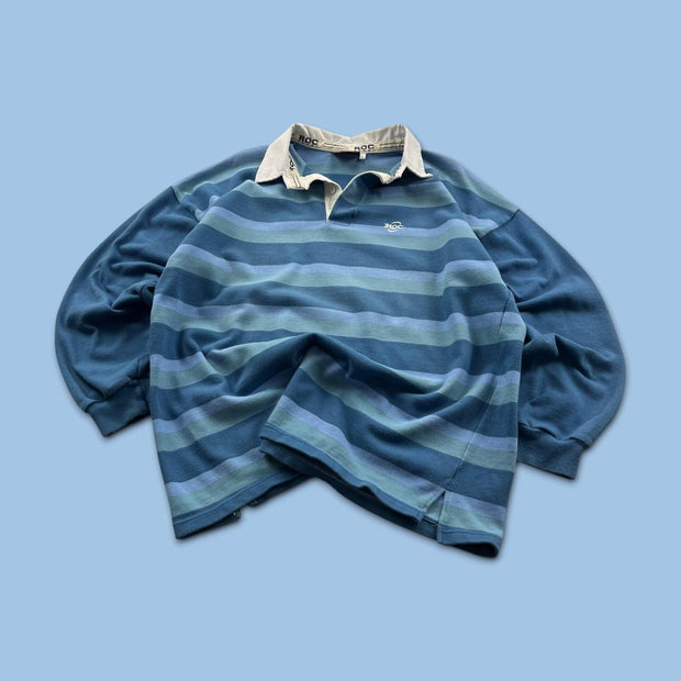 VINTAGE Y2K ROC STRIPED LONG SLEEVE RUGBY POLO SHIRT BLUE