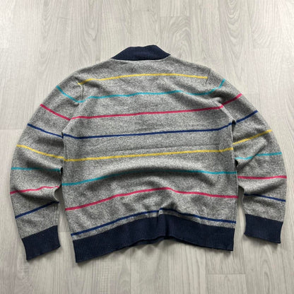 VINTAGE Y2K LACOSTE QUARTER ZIP STRIPED KNITTED JUMPER GREY