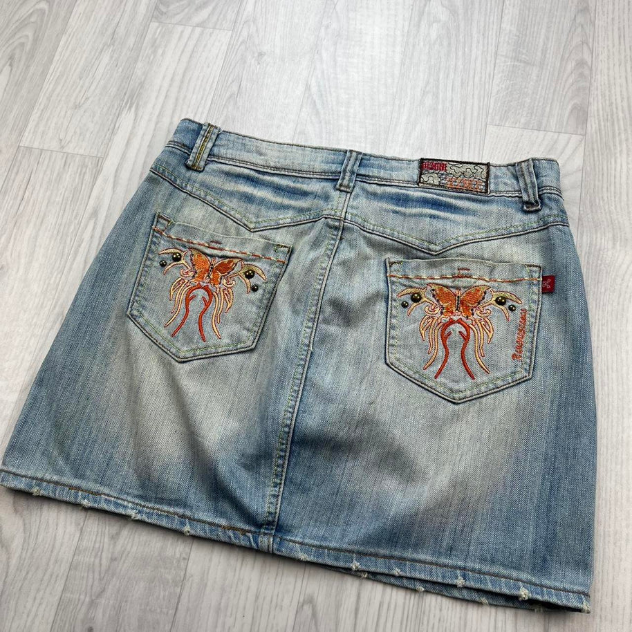 VINTAGE Y2K REMINISCENCE DENIM EMBROIDERED MINI SKIRT BLUE