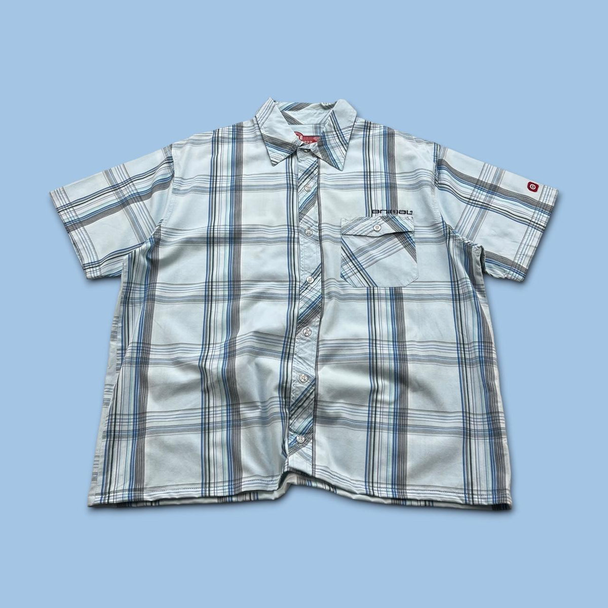 VINTAGE 00s ANIMAL CHECKERED CROPPED SHORT SLEEVE BUTTON UP SHIRT SKY BLUE