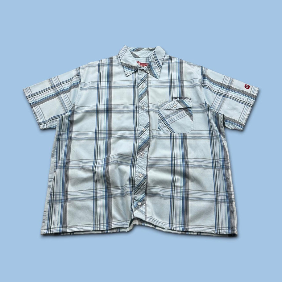 VINTAGE 00s ANIMAL CHECKERED CROPPED SHORT SLEEVE BUTTON UP SHIRT SKY BLUE