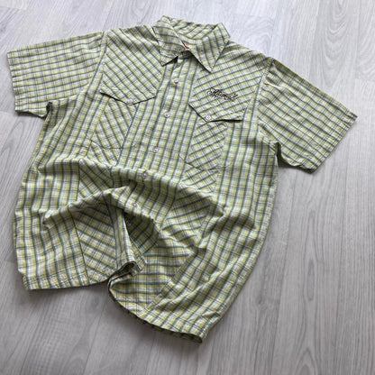 VINTAGE Y2K ANIMAL CHECKERED SHORT SLEEVE SHIRT YELLOW