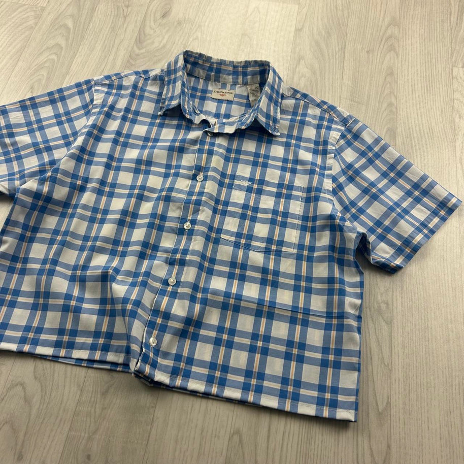 VINTAGE 00s DOCKERS CHECKERED CROPPED SHORT SLEEVE BUTTON UP SHIRT BLUE
