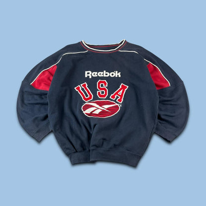 VINTAGE 90s REEBOK USA BIG LOGO BOXY SPORTY SWEATSHIRT NAVY