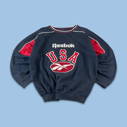 VINTAGE 90s REEBOK USA BIG LOGO BOXY SPORTY SWEATSHIRT NAVY