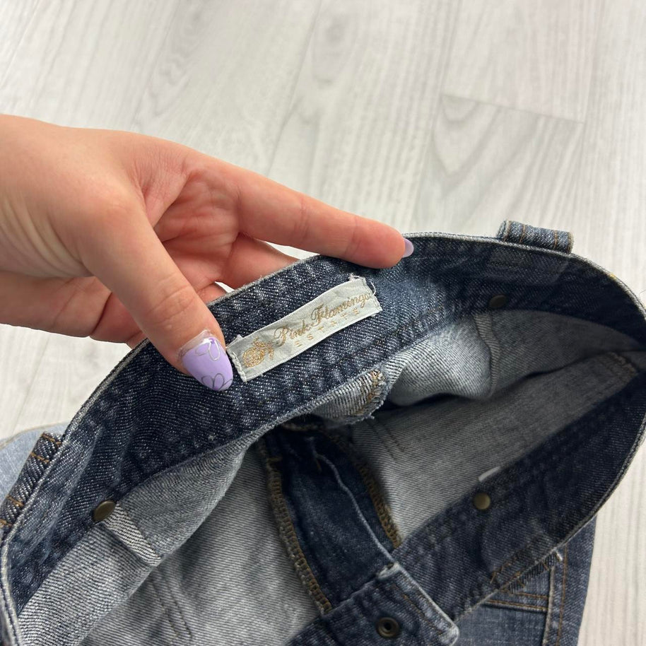 VINTAGE Y2K PINK FLAMINGO LOW RISE BOOTCUT FLARED BUCKLE JEANS BLUE
