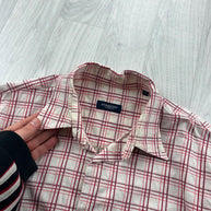 VINTAGE 00s BURBERRY CHECKERED CROPPED LONG SLEEVE BUTTON UP SHIRT WHITE RED