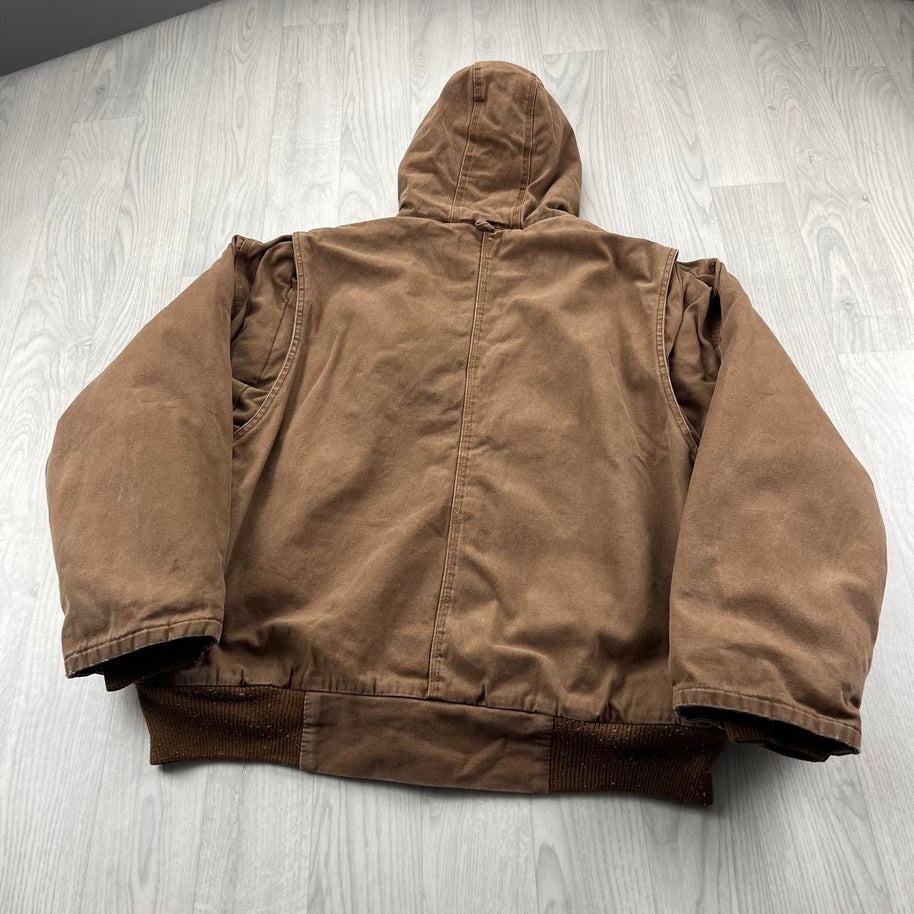 VINTAGE Y2K KEY FLEECE LINED HOODED WORKWEAR BOMBER JACKET BROWN
