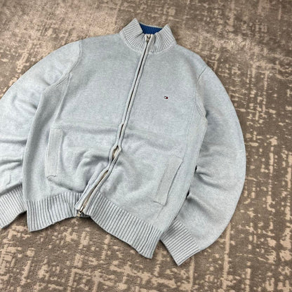VINTAGE Y2K TOMMY HILFIGER ZIP UP KNITTED JUMPER LIGHT BLUE