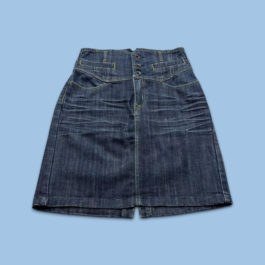 VINTAGE Y2K DENIM BUCKLE MIDI SKIRT NAVY
