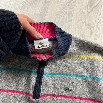 VINTAGE Y2K LACOSTE QUARTER ZIP STRIPED KNITTED JUMPER GREY