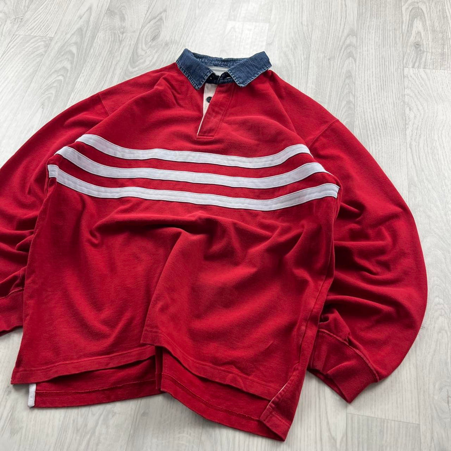 VINTAGE Y2K STRIPED LONG SLEEVE RUGBY POLO SHIRT RED