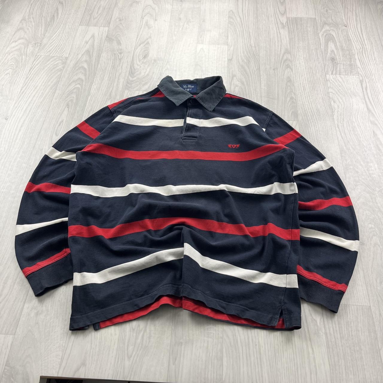 VINTAGE Y2K STRIPED LONG SLEEVE RUGBY POLO SHIRT NAVY