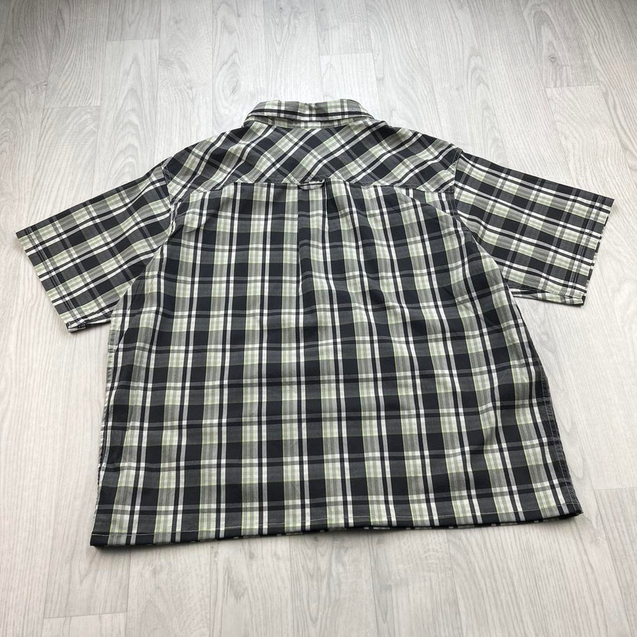 VINTAGE 00s COLUMBIA CHECKERED CROPPED SHORT SLEEVE BUTTON UP SHIRT BLACK