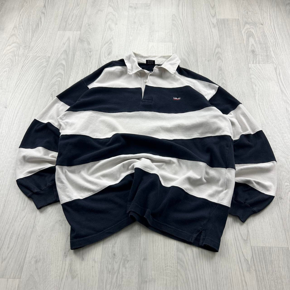 VINTAGE Y2K CELIO STRIPED LONG SLEEVE RUGBY POLO SHIRT NAVY / WHITE