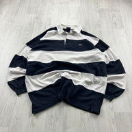 VINTAGE Y2K CELIO STRIPED LONG SLEEVE RUGBY POLO SHIRT NAVY / WHITE
