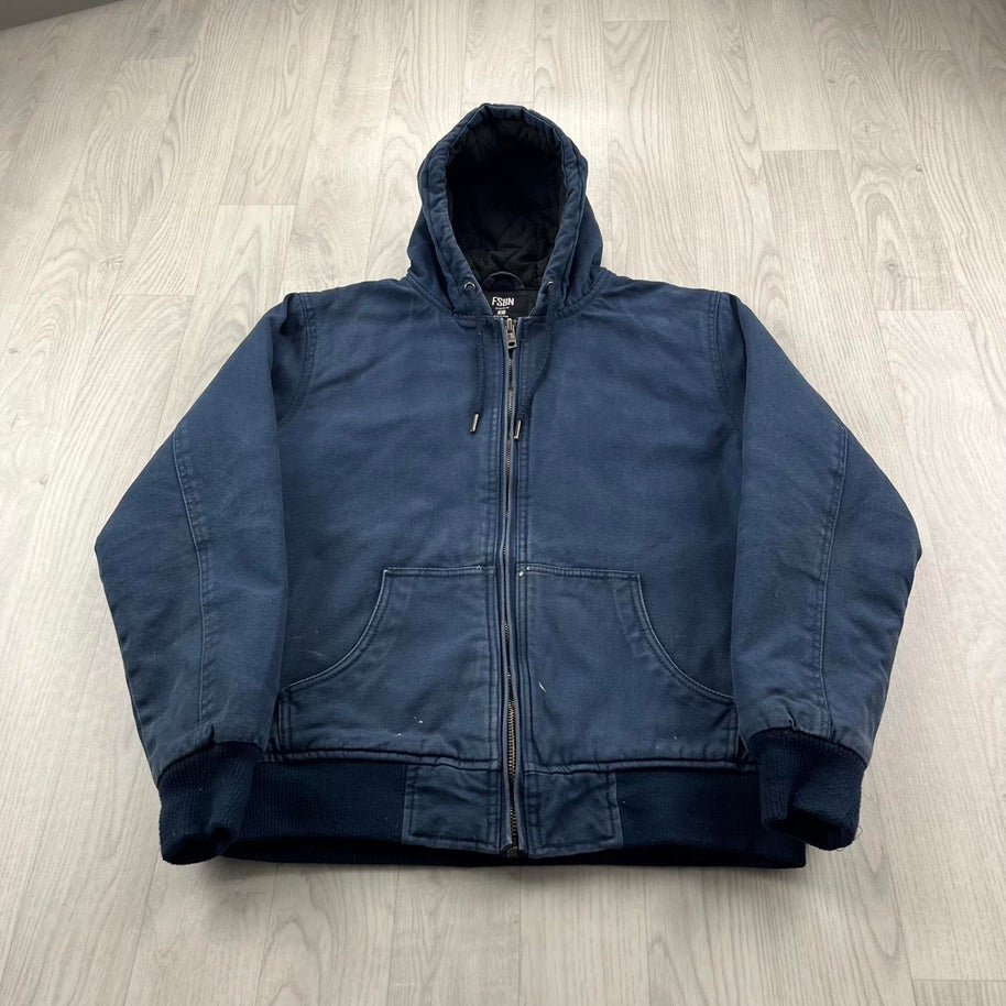 VINTAGE Y2K FISHBONE HOODED WORKWEAR BOMBER JACKET NAVY