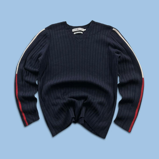 VINTAGE Y2K TOMMY HILFIGER CHUNKY RIBBED KNITTED JUMPER NAVY