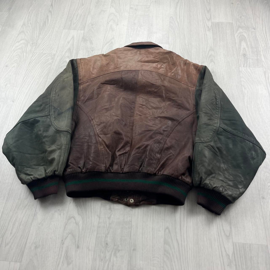 VINTAGE Y2K LEATHER FLIGHT BOMBER VARSITY JACKET BROWN / GREEN