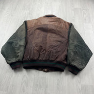 VINTAGE Y2K LEATHER FLIGHT BOMBER VARSITY JACKET BROWN / GREEN