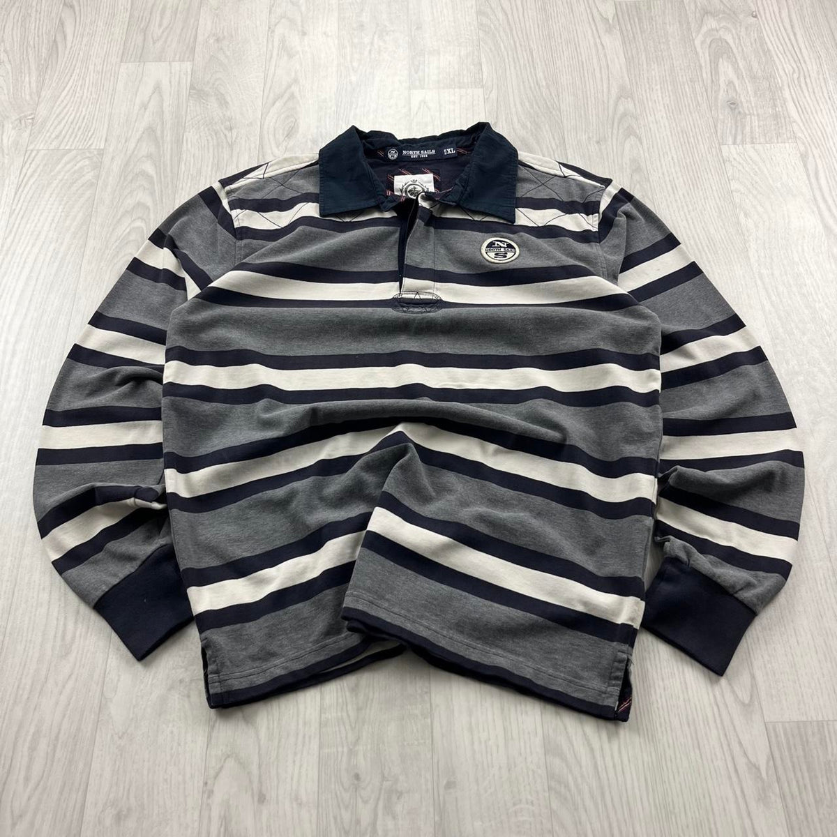 VINTAGE Y2K NORTH SAILS STRIPED LONG SLEEVE RUGBY POLO SHIRT GREY